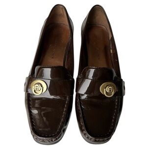 Etienne Aigner Chocolate Brown Patent Leather Loafers Gold Accent Women SZ 6M